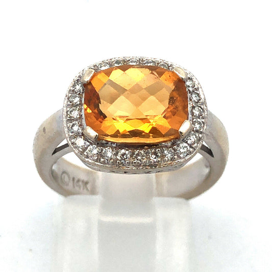 Stunning Designer 14K White Gold Citrine Diamond Cushion Cut Halo Ring Size 6.5