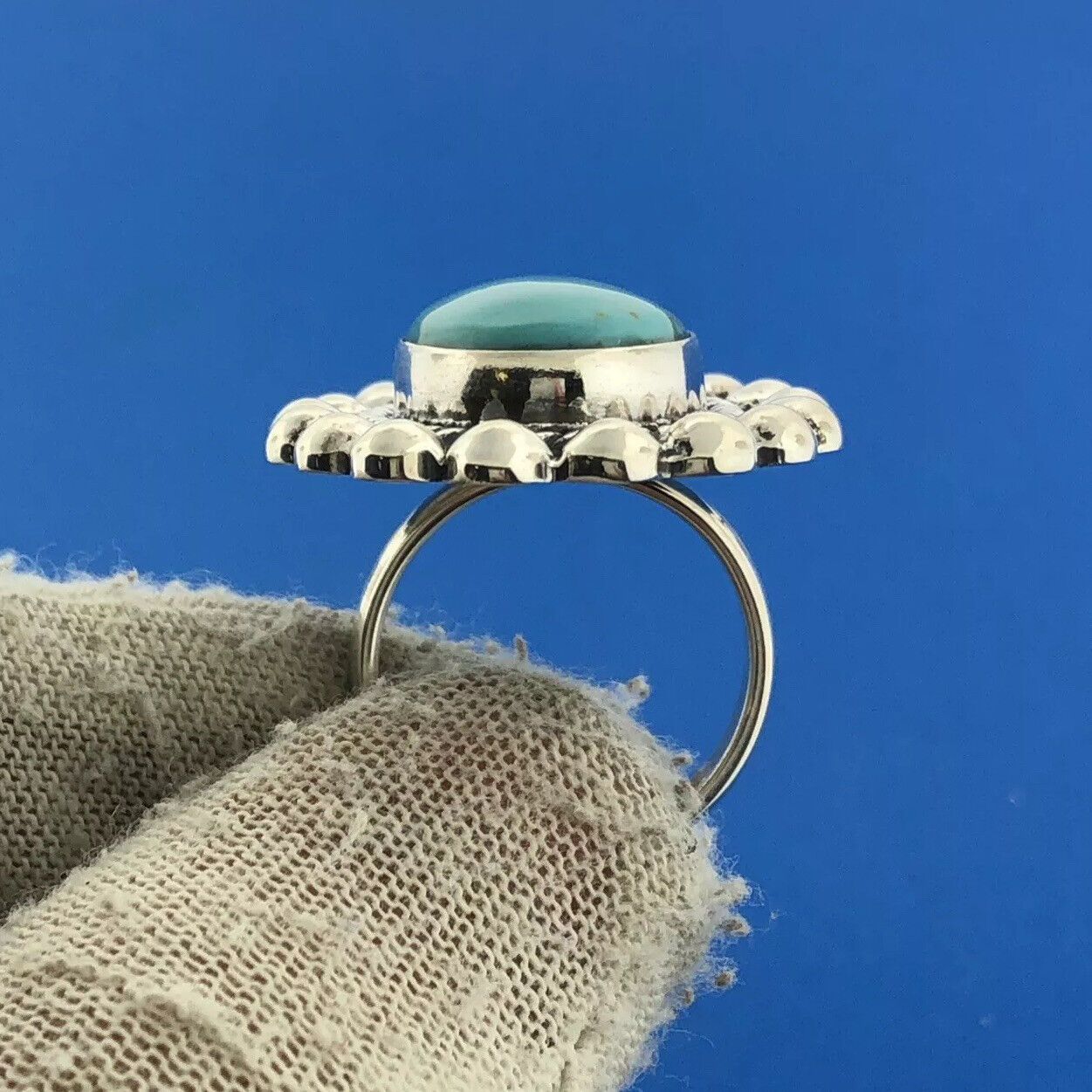 MWS Mexican Sterling Silver 925 Oval Cabochon Turquoise Statement Ring Size 6