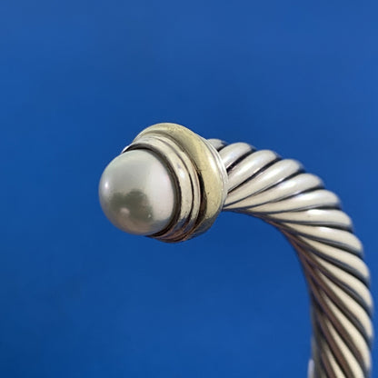 David Yurman Sterling Silver 14K Gold Pearl Cable Classics 7 mm Cuff Bracelet