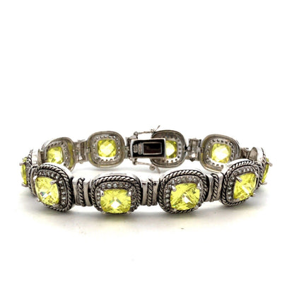 Designer 925 Sterling Silver Princess Green CZ Round White CZ Tennis Bracelet