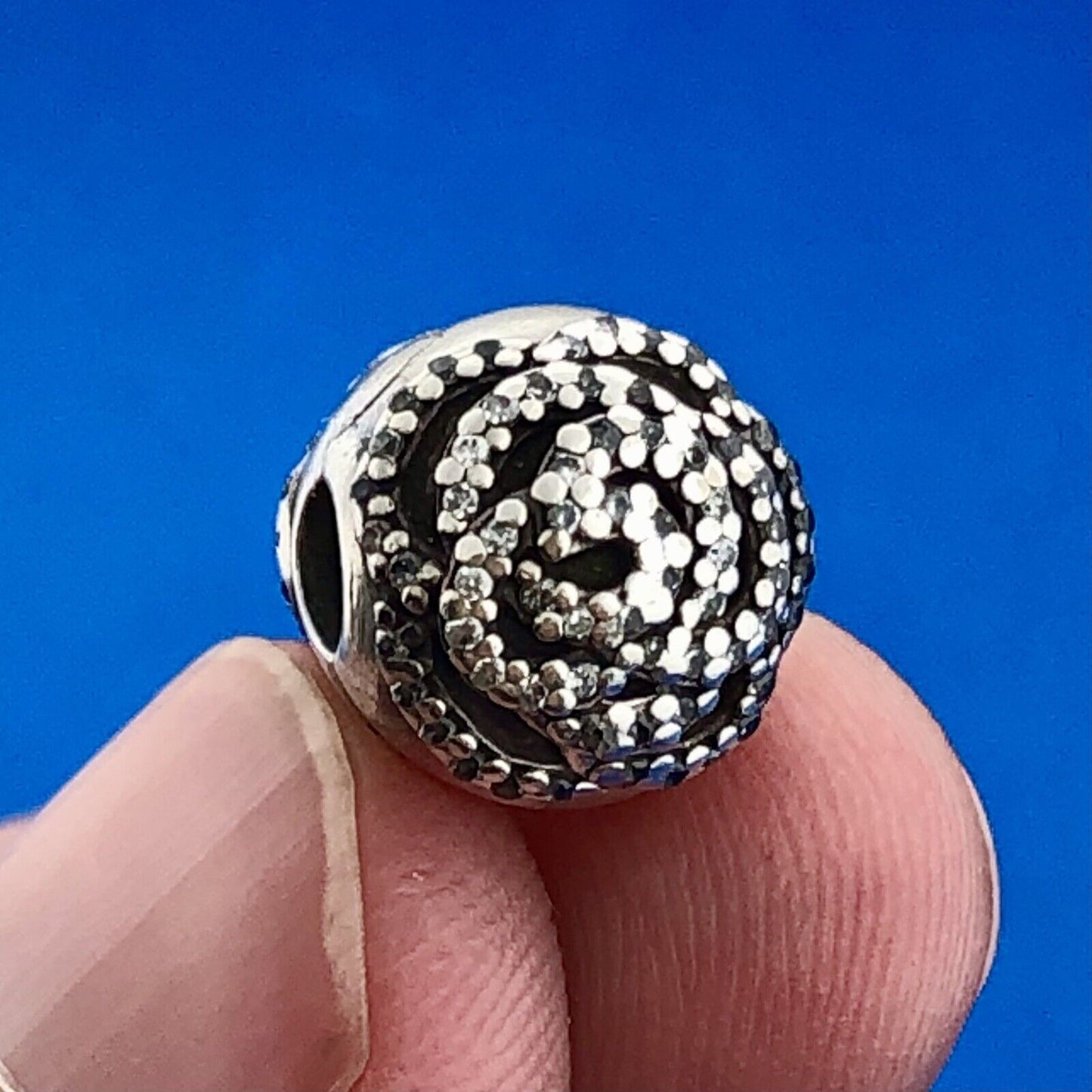 Designer Sterling Silver 925 White CZ Tangled Flower Pattern Bead Charm