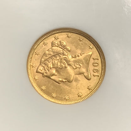 1901 $5 Five Dollar Coronet Head 90% Gold Half Eagle NGC MS63 Graded US Coin