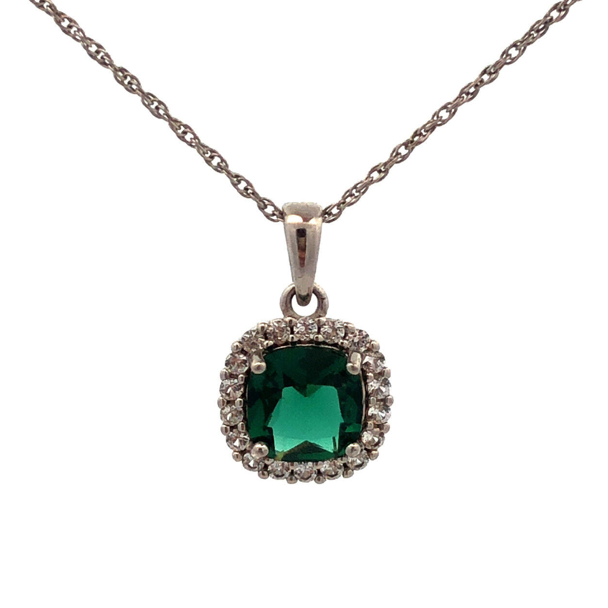 925 Sterling Silver Designer SUN Lab Emerald White Sapphire Halo Necklace