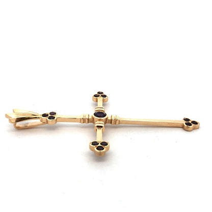 Large 14K Yellow Gold Round Mystic Topaz Statement Cross Religious Pendant