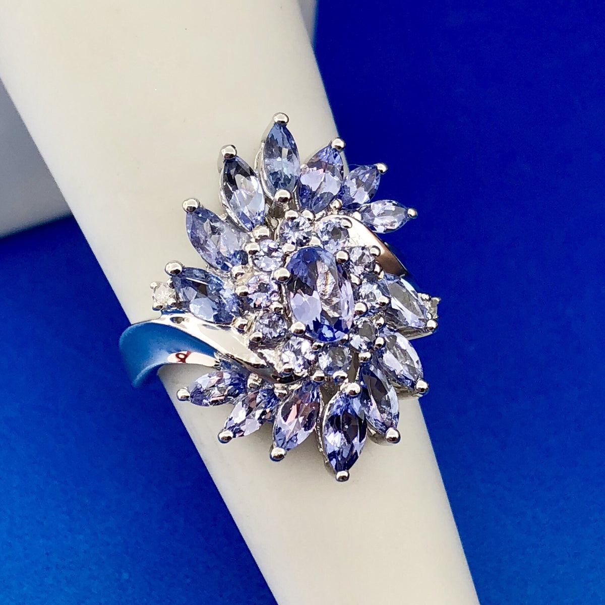 Stunning Designer JS 925 Sterling Silver Tanzanite Diamond Floral Cluster Ring