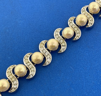 1955 Crown Trifari Silver Tone Faux Pearl & Rhinestone Statement Bracelet