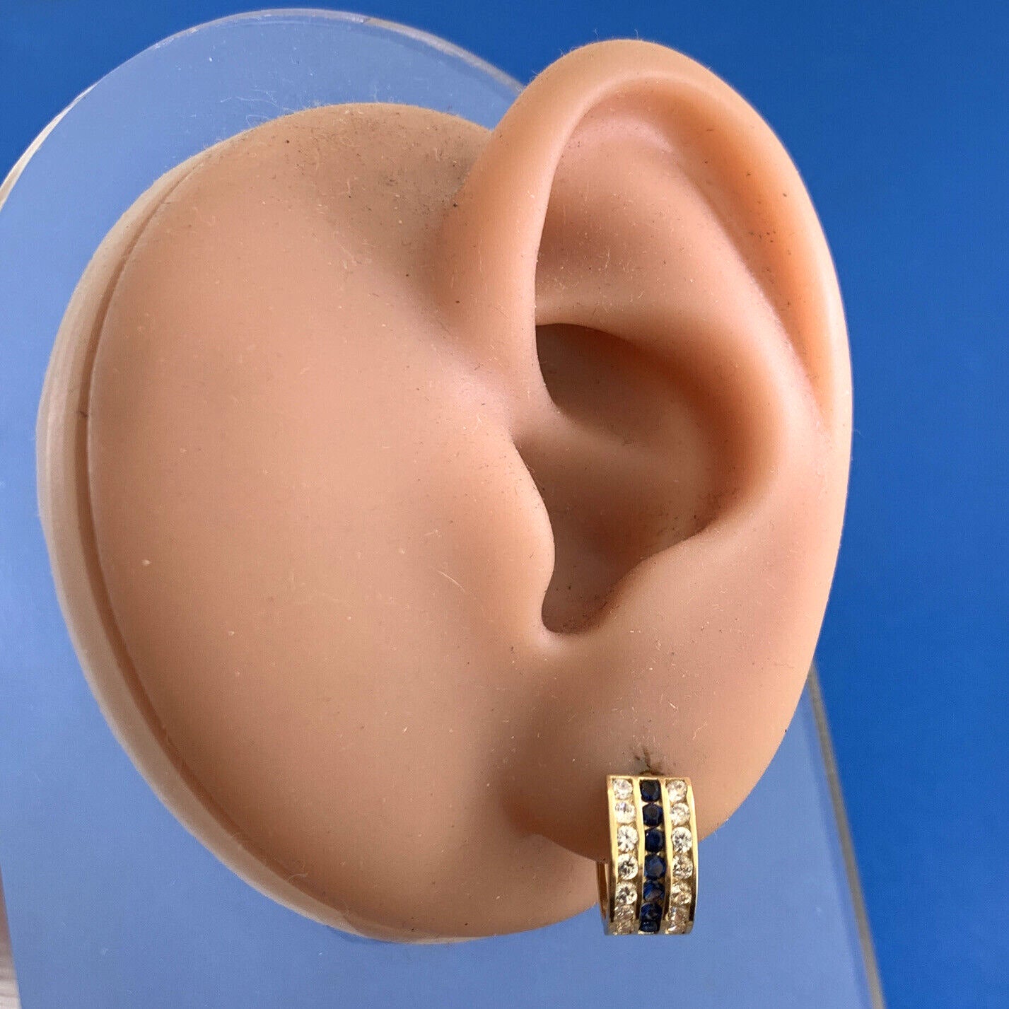 Designer JTS 14K Yellow Gold White Topaz Blue Sapphire Huggie Hoop Earrings