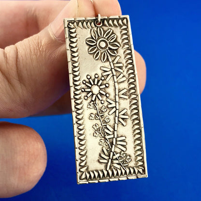 Artisan Brandon 925 Sterling Silver Floral Design Rectangle Drop Dangle Earrings