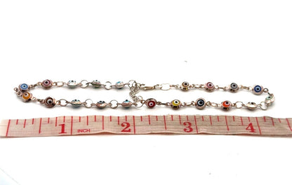 Estate 925 Sterling Silver Multicolor Evil Eye Bead Round Link 8.75" Bracelet