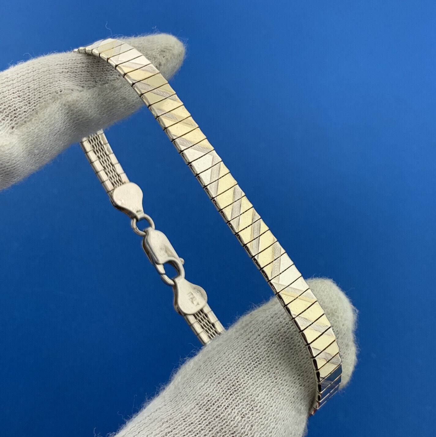 Designer 925 Sterling Silver Polished Florentine Etched Serpentine Link Bracelet