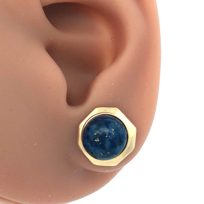 Vintage 14K Yellow Gold Round Lapis Lazuli Cabochon Modernist Stud Earrings