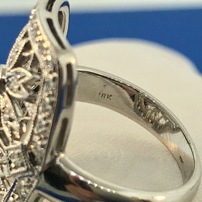 Vintage 18K White Gold Diamond Floral Filigree Statement Finger Ring