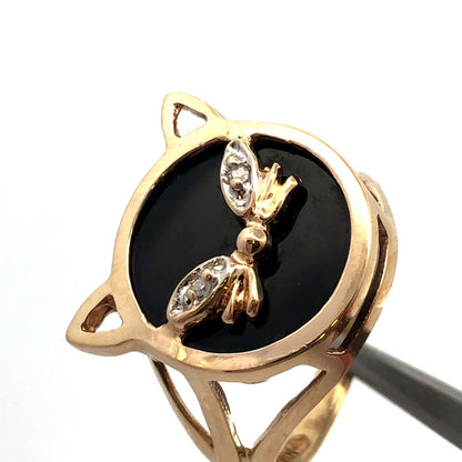 Designer 10K Yellow Gold Round Black Onyx White Topaz Cat Pet Ring