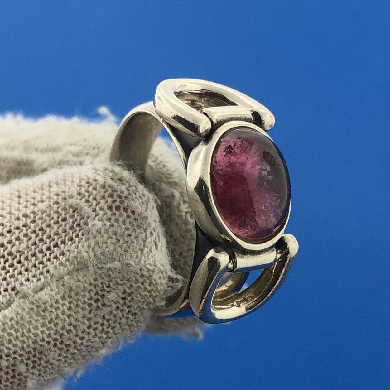 Estate Italy 925 Sterling Silver Amethyst Cabochon Belt Buckle Design Ring