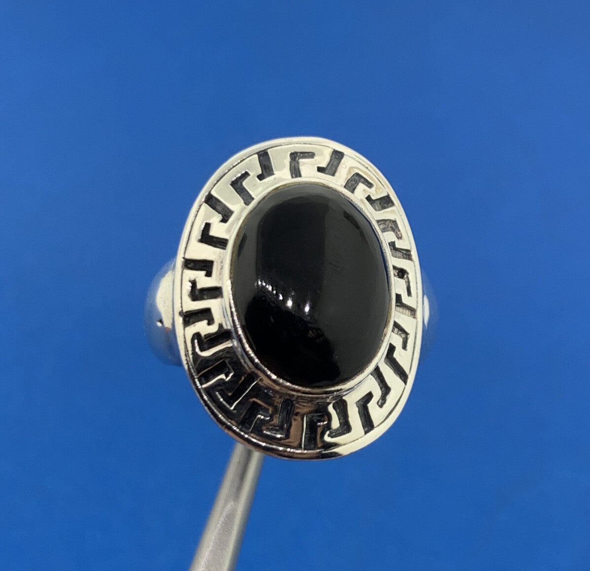Designer 925 Sterling Silver Oval Black Onyx Cabochon Greek Etched Halo Ring