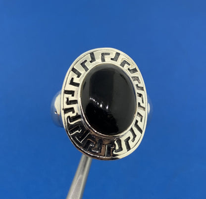 Designer 925 Sterling Silver Oval Black Onyx Cabochon Greek Etched Halo Ring