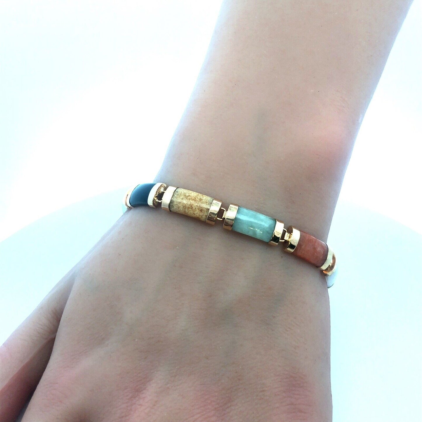 Designer MP 10k Yellow Gold Elongated Cabochon Multi-Stone 7.25" Panel Bracelet