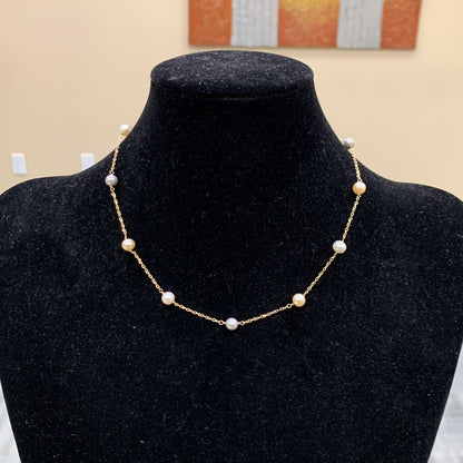 Gorgeous 14k Yellow Gold Gray White Cream Pearl 16" Chain Necklace