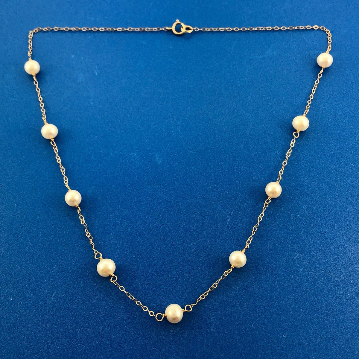 Gorgeous 14k Yellow Gold 6 mm White Pearl Thin Oval Link 16" Chain Necklace
