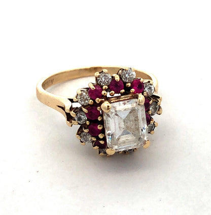10K Yellow Gold ASC Emerald Cut White Tourmaline Ruby Halo Engagement Ring