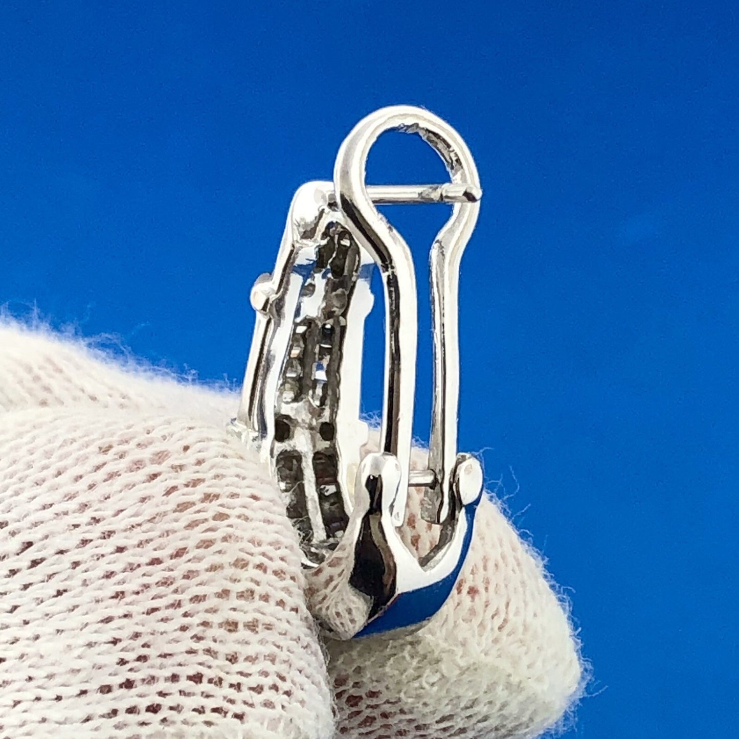 Stunning 14K White Gold Diamond J Hoop Omega Back Wedding Occasion Earrings