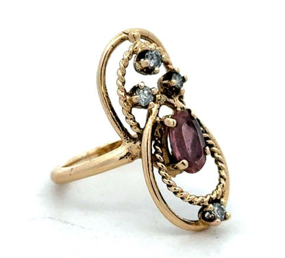 Vintage 14K Yellow Gold Oval Purple Amethyst Diamond Art Deco Ring