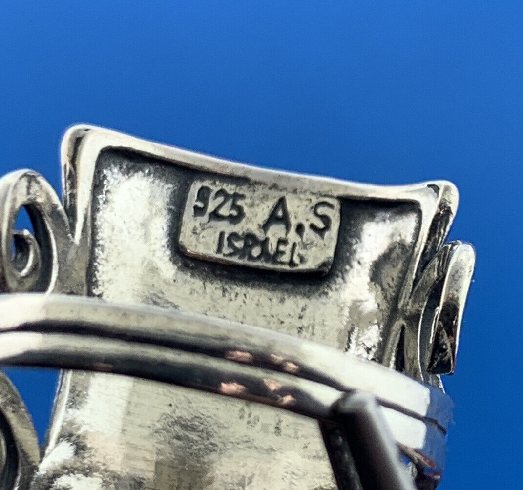 Designer AS Israel Sterling Silver 925 Cabochon Garnet Finger Ring Size 6.25