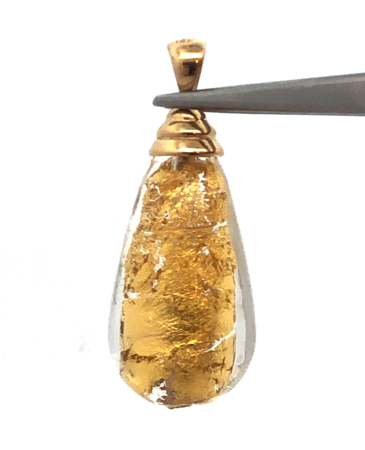 Designer MC 14K Yellow Gold Hand Blown Gold Leaf Glass Teardrop Pendant