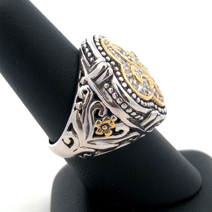 925 Sterling Silver Two Tone Cubic Zirconia Fleur De Lis Statement Ring
