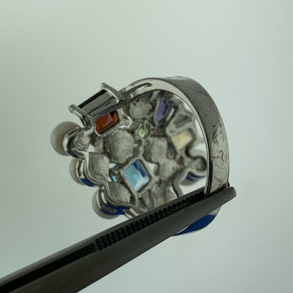 Designer Sterling Silver Mixed Gemstone Pearl Statement Modernist Cocktail Ring