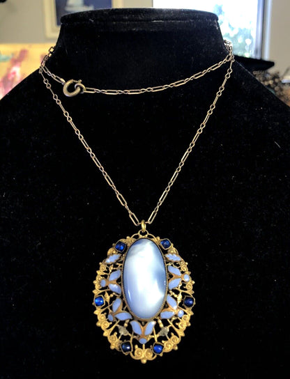 Vintage Bronze Toned Blue Enamel Rhinestone Glass Filigree Pendant Necklace