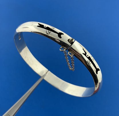 Estate Taxco Mexico Sterling Silver Modernist Etched Fish Hinged Cuff Bracelet