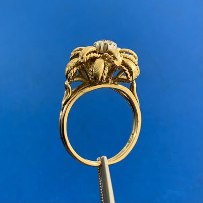 Vintage Designer 18K Yellow Gold Diamond Three Dimensional Flower Cocktail Ring