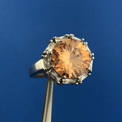 Dramatic 925 Sterling Silver Orange White Cubic Zirconia Statement Cocktail Ring