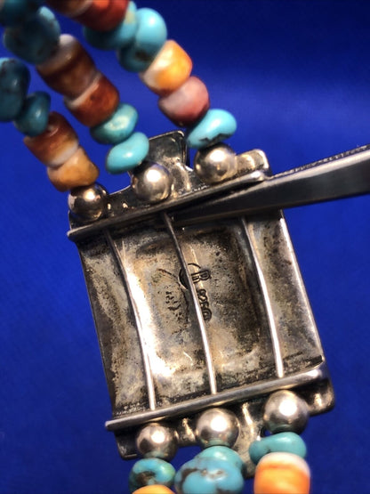 Native American Signer 925 Sterling Silver Turquoise & Shell Beaded Bracelet