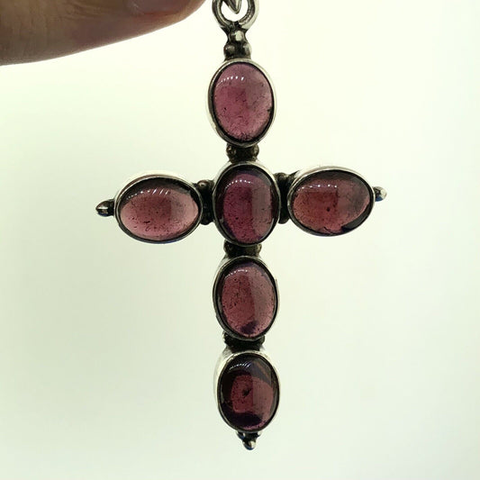 Vintage 925 Sterling Silver Amethyst Cabochon Statement Cross February Pendant