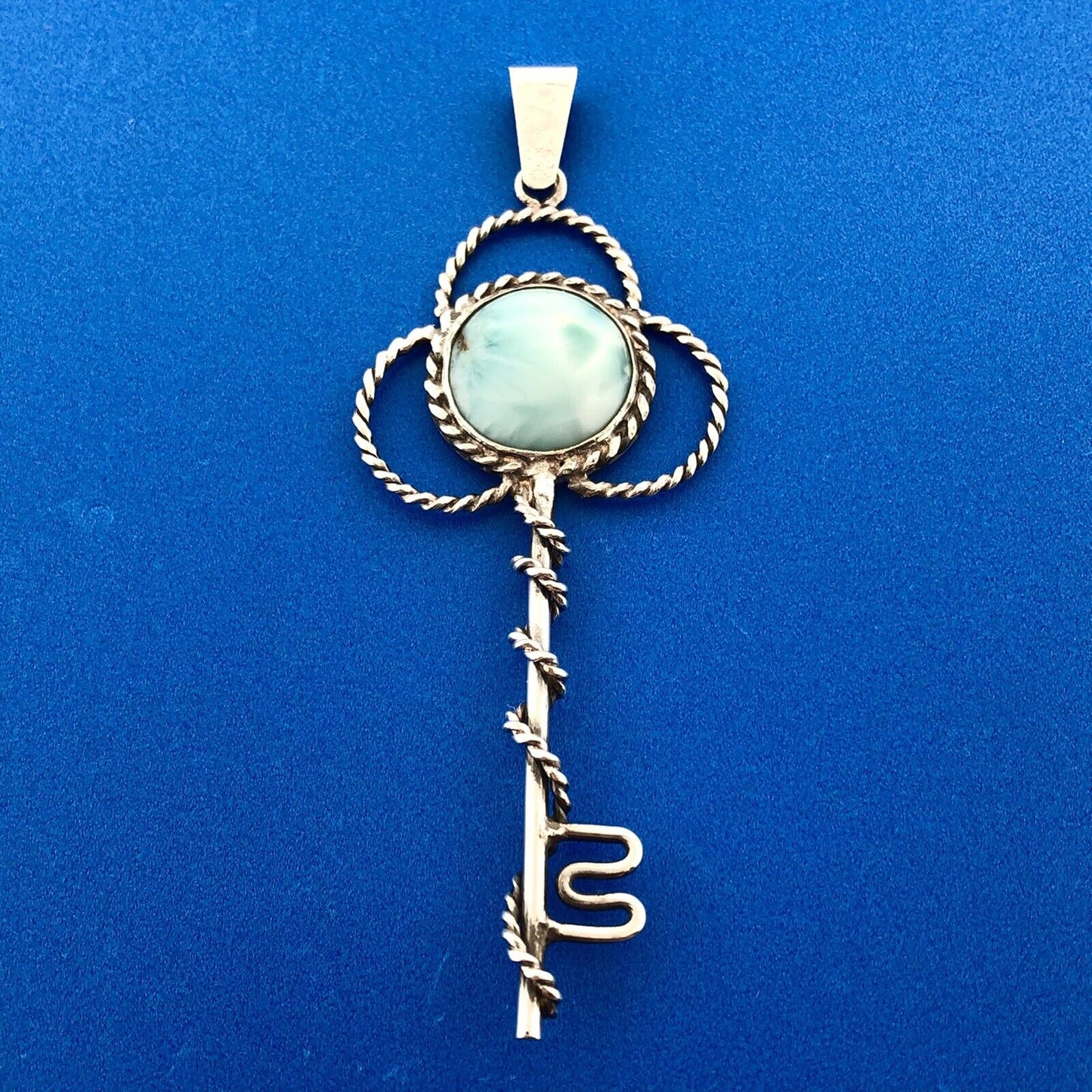 Retro 925 Sterling Silver Larimar Pectolite Skeleton Key Statement Pendant