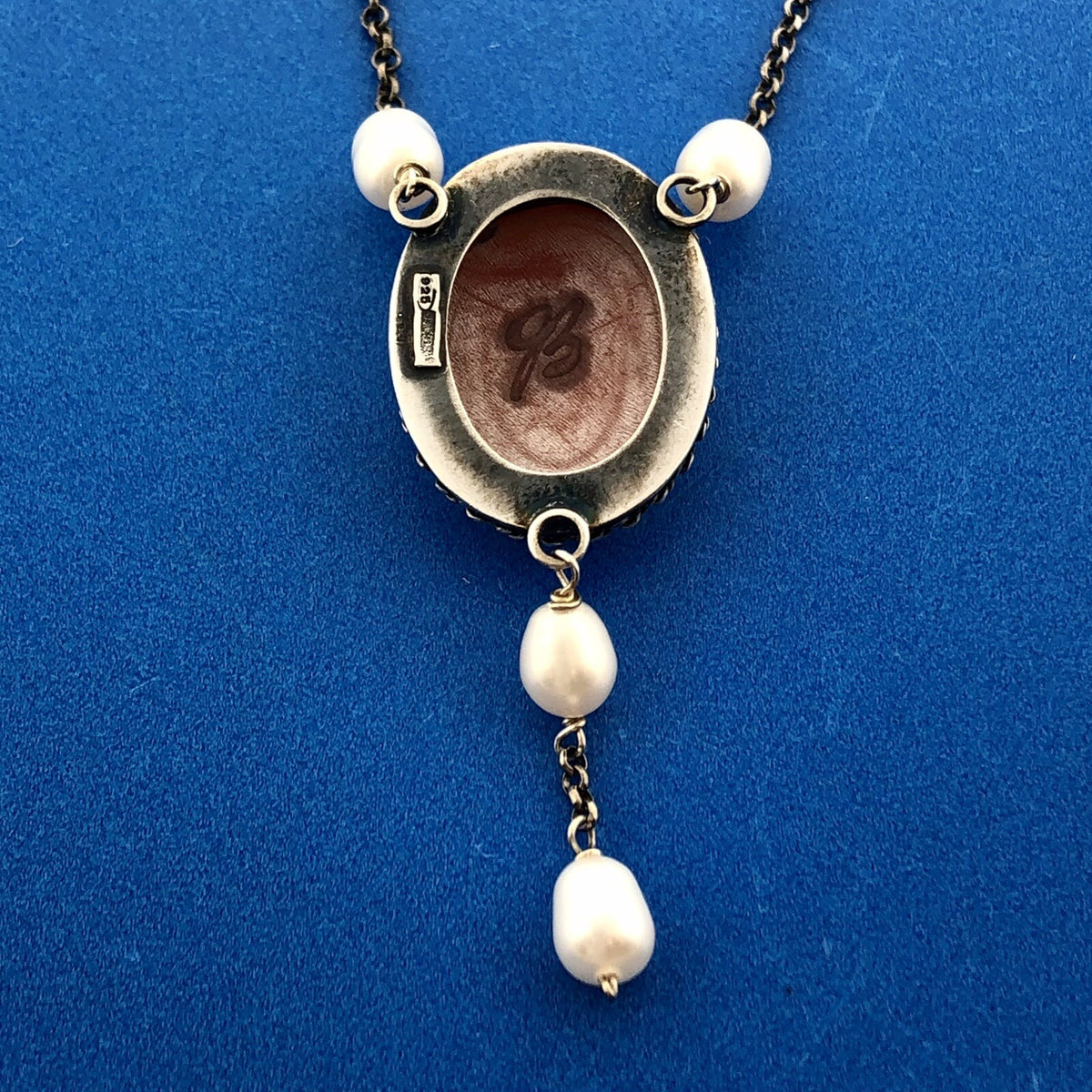Vintage Italian Designer 925 Sterling Silver Cameo Pearl Station Necklace