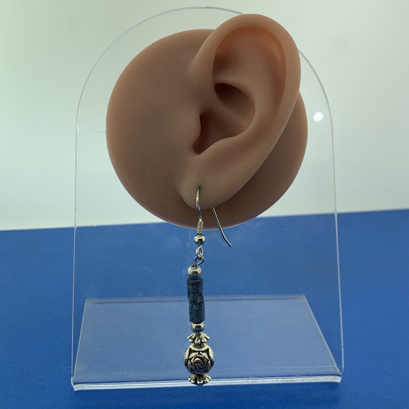 Silver Plated Lapis Lazuli Tubular Beads Rose Scroll Dangle Drop Earrings