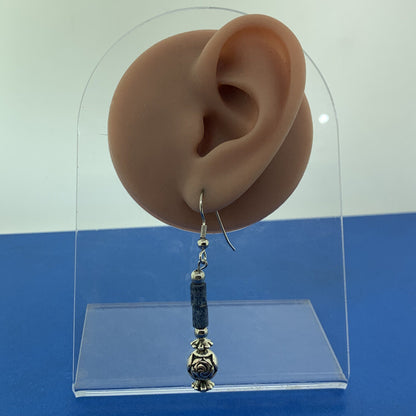 Silver Plated Lapis Lazuli Tubular Beads Rose Scroll Dangle Drop Earrings