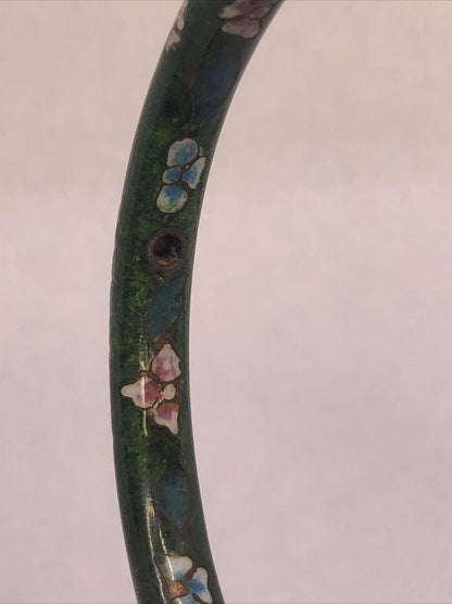 Vintage Cloisonne Green Enamel Floral Bangle Stackable Bracelet Set