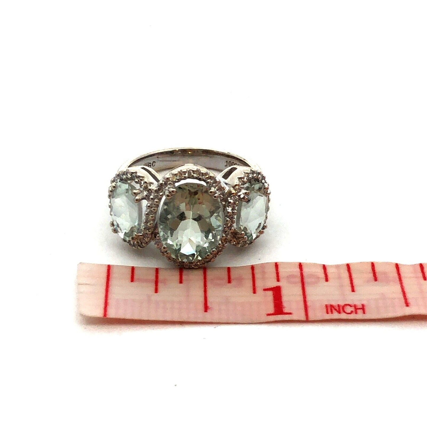 Designer SGC 14K White Gold Oval Green Amethyst Trio Diamond Halo Statement Ring