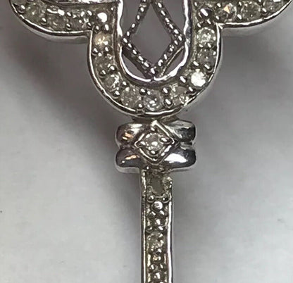 Vintage Designer Sterling Silver 925 Diamond Filigree Open Scroll Key Necklace