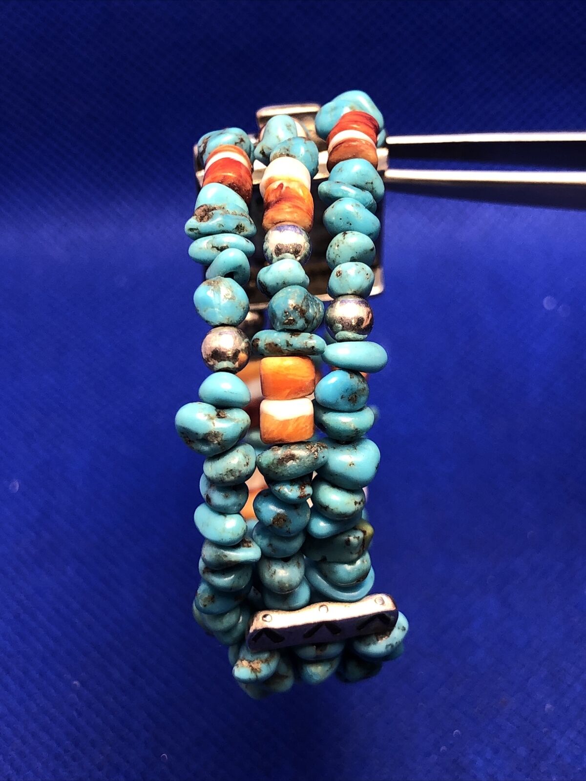 Native American Signer 925 Sterling Silver Turquoise & Shell Beaded Bracelet