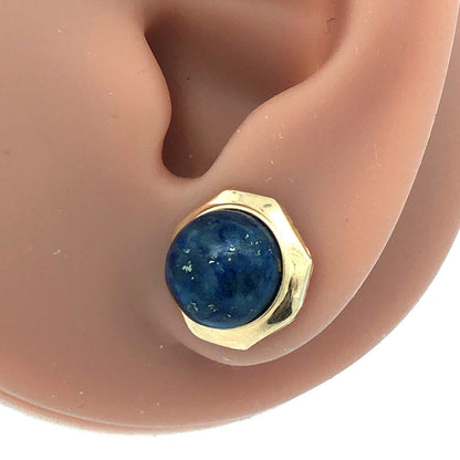 Vintage 14K Yellow Gold Round Lapis Lazuli Cabochon Modernist Stud Earrings