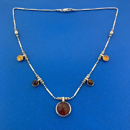 925 Sterling Silver Amber Cabochon Station Necklace