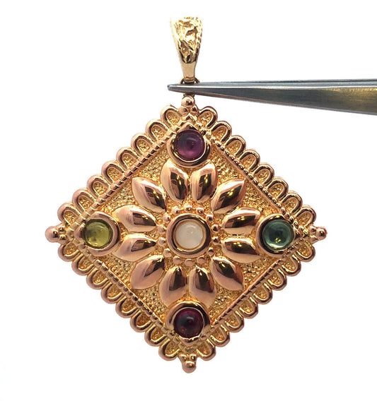 Designer Italy 14K Yellow Gold Multi-Gemstone Cabochon Statement Pendant