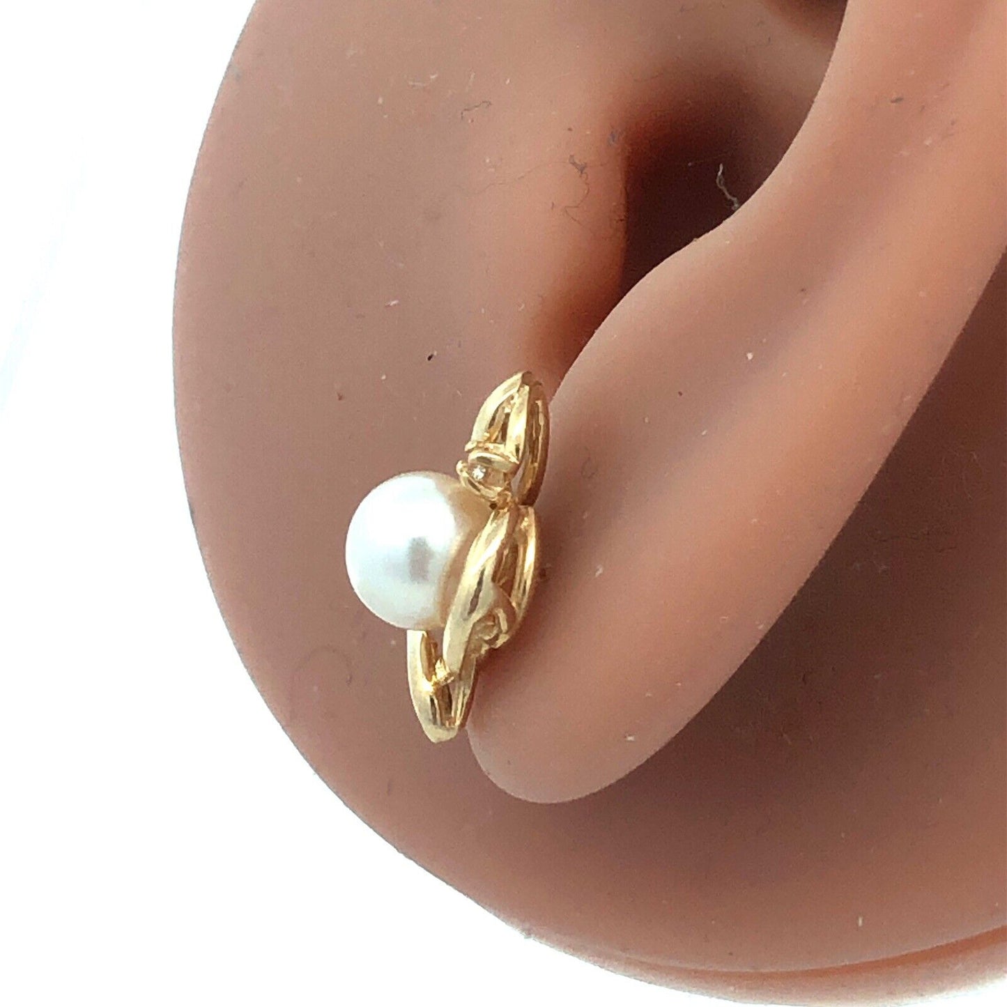 14K Yellow Gold Round Estate Pearl Diamond June Anniversary Stud Earrings