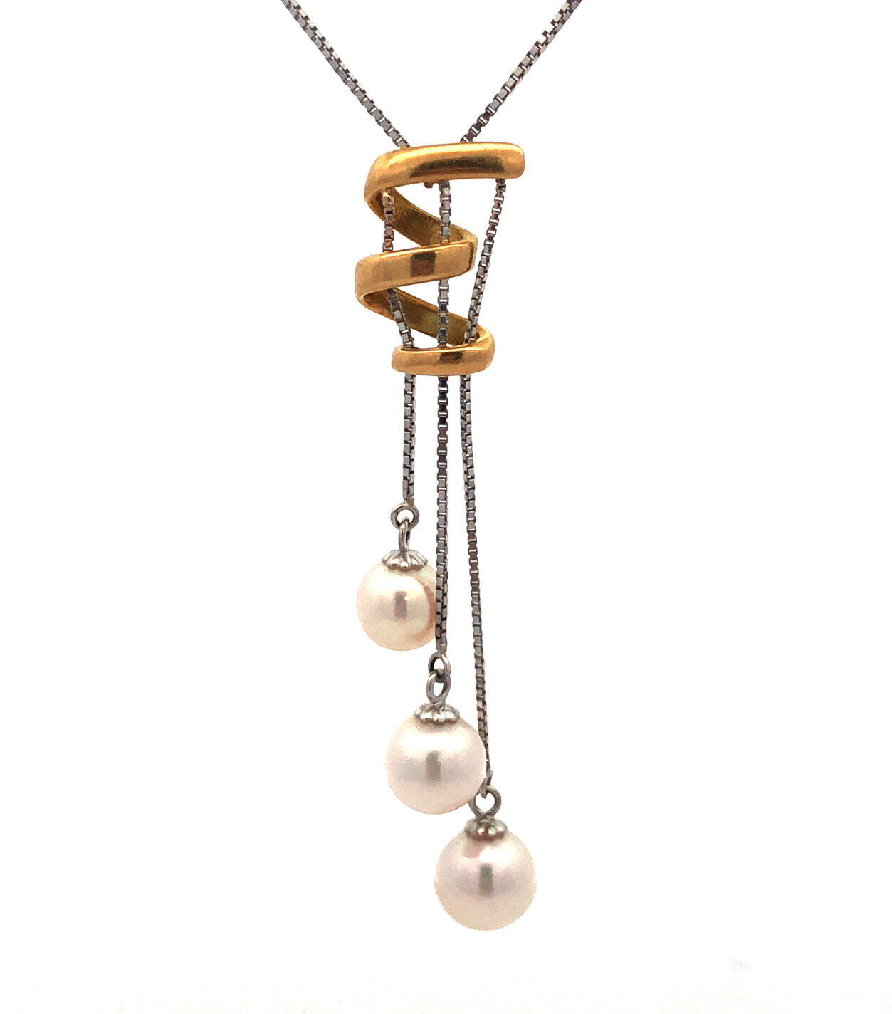 Designer 18K White Yellow Gold Pearl Trio Modernist Abstract Two Toned Necklace