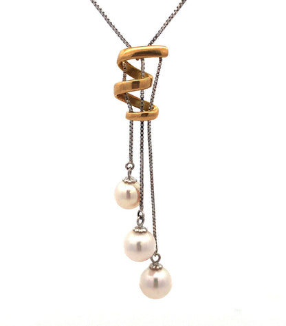Designer 18K White Yellow Gold Pearl Trio Modernist Abstract Two Toned Necklace